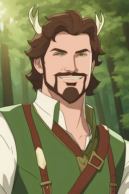 Man in thirties with brown hair and goatee, antlers, wearing green and cream-colored leather attire, smiling, forest background, RWBY animation style
