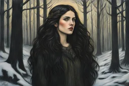 create a full body oil pastel of a dark haired, , raggedly dressed, savage vampire girl with highly detailed , sharply defined hair and facial features , in a dark winter forest glade at dawn, in the Pre-Raphaelite style of JOHN WILLIAM WATERHOUSE