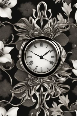 Black wristwatch Embellished with silver With a silver lily flower White background