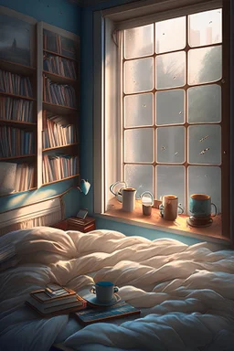 Room , four beds , students , sleeping , tablet , cup of coffee , books , big window