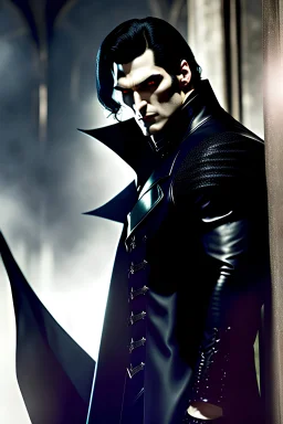 a tall, imposing Vampire, with broad shoulders and massive arms, Long, black hair, a nose that curves down like a vultures beak, a large, square chin with a large impression denting the center of it, extremely pale skin, dark, evil eyes, wearing a black leather jacket and pants with a black high collared leather cape, realistic lighting, Very accurate, full body portrait, eyes looking directly into the camera in dark dramatic lighting, realistic, photorealism, 4k, HD, Ultra-HD,