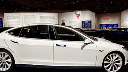 A Tesla's 'Model S Plaid' is parked, at inside the 'National Air and Space Museum', in Washington, D.C. CINEMATIC. WIDE ANGLE LENS.