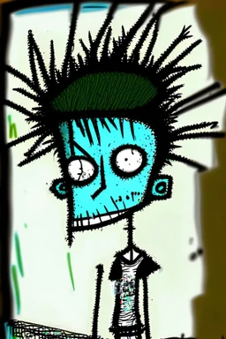 2d drawing of a stickman, cool with punk hair, x eyes like in hangman, driving a porch, 3d realistic in colour