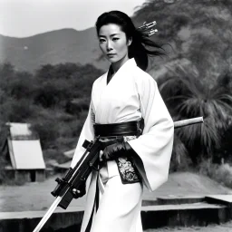 [photo of youthful Michelle Yeoh by helmut newton] The guardian stands tall, Kimono turned combat gear, Beauty wields power. A weapon in each hand: Skillful hands at work,Firearm and blade in balance, Enforcer's resolve. Her strength emanates, Ancient grace meets modern might, she attacks
