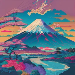 Mount Fuji. Ukiyo-e art, Colorful, vibrant, full of details, smooth, light effect，vaporwave colorful, smooth, extremely sharp detail