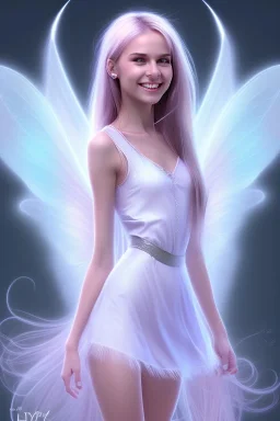 smiling girl, cute, beautiful, long hair, fairy wings, light pastel colors, bright, transparent dress, smile