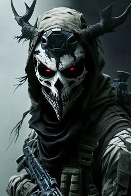 A soldier in the game modern warfare, he wears a skull mask with horns that covers his eyes. The lower half of his face is covered by a mask with a bloody fanged grin. He is a sniper, but can also run point. His call sign is Wraith. Couple