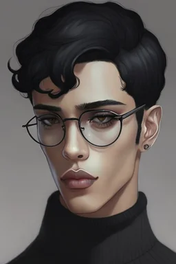 Short black hair, light skin, black skin tight turtle neck clothing, black round glasses, earrings, grey eyes, black eye shadow, man