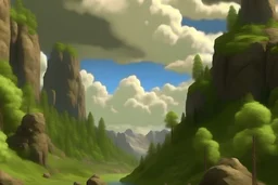 Tall rocky cliffs with trees river clouds hi def 4k in the style of bierstadt