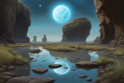 Grey blue sky with one exoplanet in the horizon, rocks, cliffs, puddle, weeds, sci-fi movies influence, movie wallpaper, epic, trascendent, ernest welvaert and charles leickert impressionism paintings