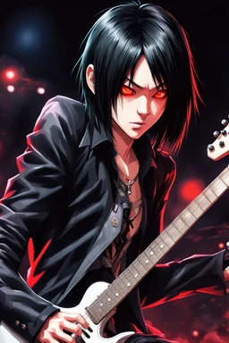 A portrait of 30 years old chthonic metal guitarist at a midnight concert, manly facial features, red creepy alien bug eyes, black hair, athletic build, dynamic, in the style of manga "Rosario+Vampire"