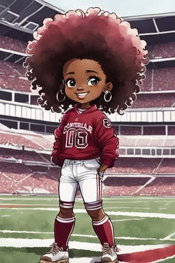 A sassy thick-lined watercolor cartoon image of a black chibi girl standing in front of a football stadium. She is wearing a University of South Carolina football gamecocks jersey with tight white jeans and timberland boots. behind her curvy body. Looking up coyly, she grins widely, showing sharp teeth. Her poofy hair forms a mane framing her confident, regal expression. Prominent maekup with hazel eyes. Hair is highly detailed.