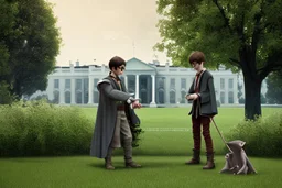 realistic young Harry Potter talking to Dobby in front of white house