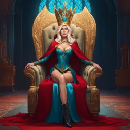 [Disenchantment] queen Dagmar on her throne in agent provocative, ready with her gold crown, red cape, blue corset, cyan dress, leather boots