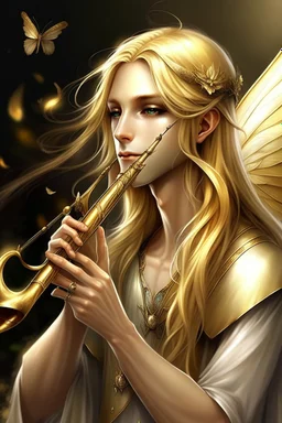 fee, männlich, libellen flügeln, hellblondes, langes Haar, Flöte spielend, lange spitze Ohren, goldene, auffällige Augen, realistisch