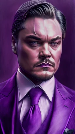 leonardo dicaprio portrait ultra realistic in suit, purple colors