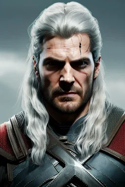 Henry cavil face, long white hair, wearing The witcher 3, realistic, 4k, intricate, best quality, fog particles, fire particles, octane render, vray