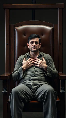 A man is sentenced to death by an electrical chair , the chair has a dark brown leather material the man sitting in the chair front view his hands and chest tided to the chair , the man seemed sad and scared waiting for his death