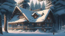 studio ghibli, a house, snow, woods,