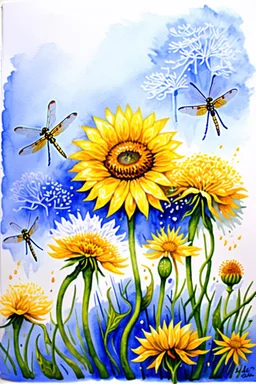 Dandelions, Water Hemlock, wild flowers and dragonflies stunning watercolor art by susan Winget, painted, in gold, blue and white tones with a sunflower --v 7 In style of Marjolien Bastin.