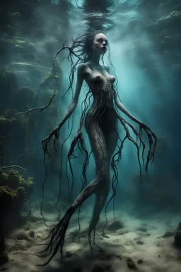 Underwater, girl, fullbody, his skin turned translucent revealing a network of black veins that extended like roots, ragged clothes, many legged slimy creature with creepy spindly legs, 8k, macro photography,