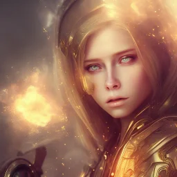 perfect face avril lavigne, yellow eyes,dress armor valkirye, golden, particle fog, cloud, smoke