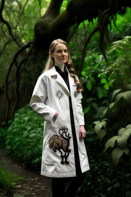 eve in the garden of Eden wearing a lab coat