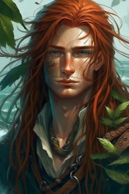 determined wet pirate nereid male with seaweed in long auburn hair and freckles