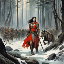 [art by Antonio Sant'Elia] THE DEATH DEALER: tribeless barbarian in a large forest that, after the end of the Ice Age, will one day become the Mediterranean sea. When the Mongol-esque Kitzaak Horde invade the forest, various parties try to recruit Gath's aid to defend against them. One of them, the beautiful sorceress Cobra, gives Gath a helmet possessed by the god of death. The helmet gives him godlike power but at the same time tries to break Gath to its will. With the help of the worldly trav