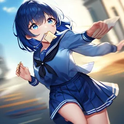 Clear focus,High resolution, Vibrant short blue hair, Vibrant blue eyes, Wearing a sailor uniform, Running with toast in her mouth