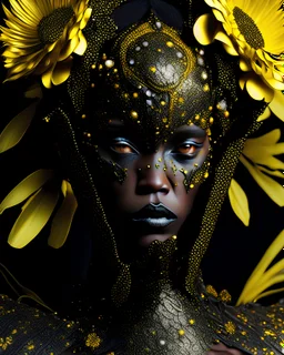 Beautiful vantablack woman and yellow daisy floral venetian voidcore shamanism and armour dress balack steel and yellow Golden glitter cover daisy headress baroque floral headdress f portrait close up adorned with floral metallic filigree headress and wearing metallic floral embossed mineral stone ribbed wasp costume armour winged dress organic bio spinal ribbed detail of transculent malachit colour lines ink art extremely detailed hyperrealistic maximálist concept portrait