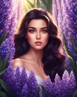 Medium view of a beautiful girl standing surrounded by full of hyacinth flowers, beautiful face, dark hair, shining eyes, digital painting style, high quality, 4k