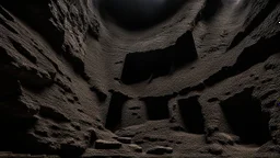 dark rock cave, looking upward as the cave continues upward. waterworks are used to deliver mined ore from the top of the cave down to the bottom, lined by a small dam, in the style of jordan grimmer