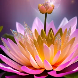 one big crystal subtle lotus in a flowery ambiance with a beautiful fairy, delicate colors, finely tuned detail, ultra high definition, 8 k, unreal engine 5, ultra sharp focus