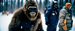 close up documentary photography, Baby Yeti, young curious Bigfoot, scientist, Dystopian, Japanese, Extreme depth of field, bokeh blur, winter, blizzard, Alberta, all-natural, in the style of candid, imperfection, natural lighting, Professional shot, shot on Agfa, Fuji Film, Anamorphic lens, 1990s, --ar 4:5 --w 150 --style raw