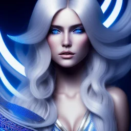 A beautiful portrait of a cute cyberpunk woman with long blond hair, high key lighting, volumetric light high details with white stripes and feathers and blue luminous celtic paterns