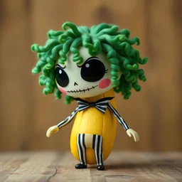 chibi banana body character. made to look like beetlejuice with green curly hair.