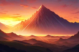 A serene mountain landscape during sunset with a blue and orange sky.