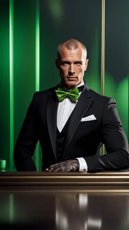 Handsome Alpha Male aged 40. buzz-cut hair, five o clock shadow, wearing a black tuxedo with a green bow tie. Hyperrealistic 4k dark fantasy