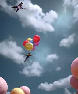 Ultra realistic speed clouds sky scene, wide angle view, strong men falling down with many Childs background, circus dress style, feather color, free jumping flying, many trinkets, hair monster, many jelly beans, balls, color smoke, smile, happy, extreme, wind, clouds sea, 20,000 feet altitude, stratosphere, soft color, highly detailed, unreal engine 5, ray tracing, RTX, lumen lighting, ultra detail, volumetric lighting, 3d, finely drawn, high definition, high resolution.