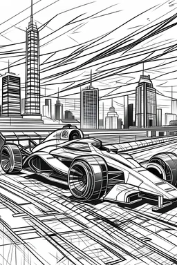 racing cars of the future style future city background only use outline clean line art , white background, no shadows , thicker line, no details end clear and well outlined full size