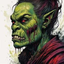 highly detailed color woodcut concept illustration of a world weary, female Orc character , maximalist, sharp focus, highest resolution, in the styles of Alex Pardee, Denis Forkas , Bill Sienkiewicz, and Masahiro Ito, boldly inked, 8k, coarse, gritty textures