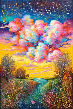 Cotton Candy Sky; Surrealistic painting inspired by Klimt and Hundertwasser; Golden Hour; Exquisitely Detailed