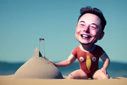 Elon musk as a Happy baby building a rocketship sandcastle on the beach. He is wearing a polkadot swimsuit