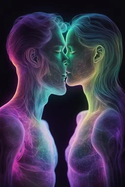 Ultra detailed illustration of a couple kissing, figure, ((ghostly)) (((translucent:1.5))), (((translucent creature:1.5))), art by Mschiffer, neon lights, light particles, colorful, cmyk colors, strong backlit, back lights