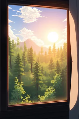 fenetre qui éblouie à cause du soleil paysage de foret vue a l'extérieur, style d'anime