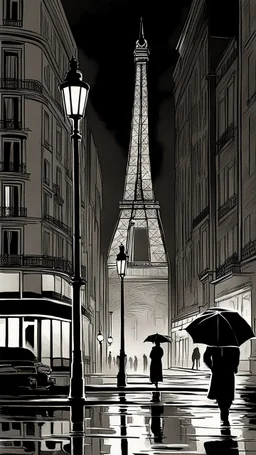 An atmospheric, Paris Eiffel Tower fine lines draw noir-style illustration of a rainy cityscape at night, featuring glowing streetlights reflecting off the wet pavement, towering Art Deco skyscrapers, and a statue evoking a sense of intrigue and timelessness.