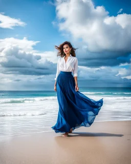 young lady wearing beautiful maxi blue skirt and elegant long shirt standing in beach posing to camera ,upper body shot,ships in sea ,blue sky nice clouds in background