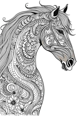 Create a beautifully illustrated, vector-based coloring book image of a horse in monochrome style. The image should feature a black and white outline on a white background with intricate floral patterns on the body, mane, and tail. It should have a clean, minimalistic aesthetic, perfect for coloring. Ensure a horizontal orientation for the illustration.