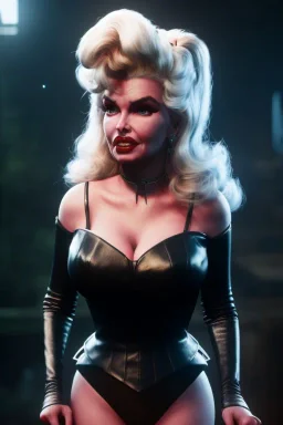 jayne mansfield as evil queen in black leather, angry, stern look, volumetric lighting, particales,highly detailed,cinematic, deep colours,8